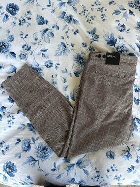 H&M Glen Check Trousers Men's 36 Beige Plaid Side Tab Dress Pants